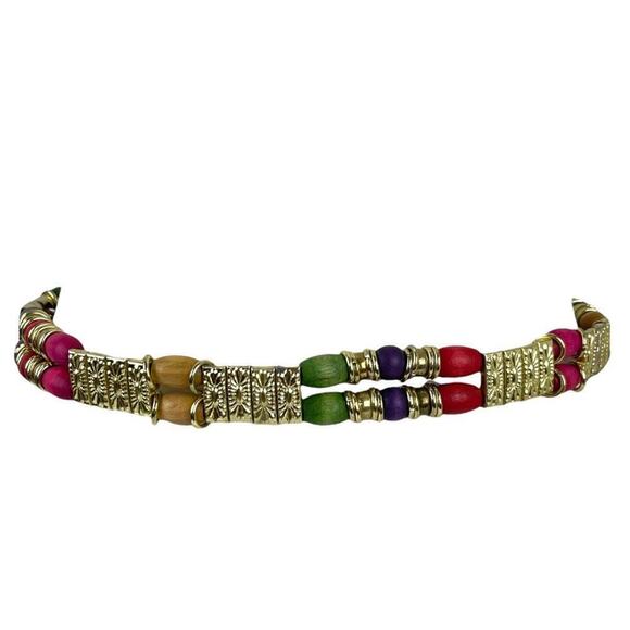 VTG Retro Belt 80s Gold Chain Tiered Wood Rainbow Multicolor Beads Gold Metal main image 4